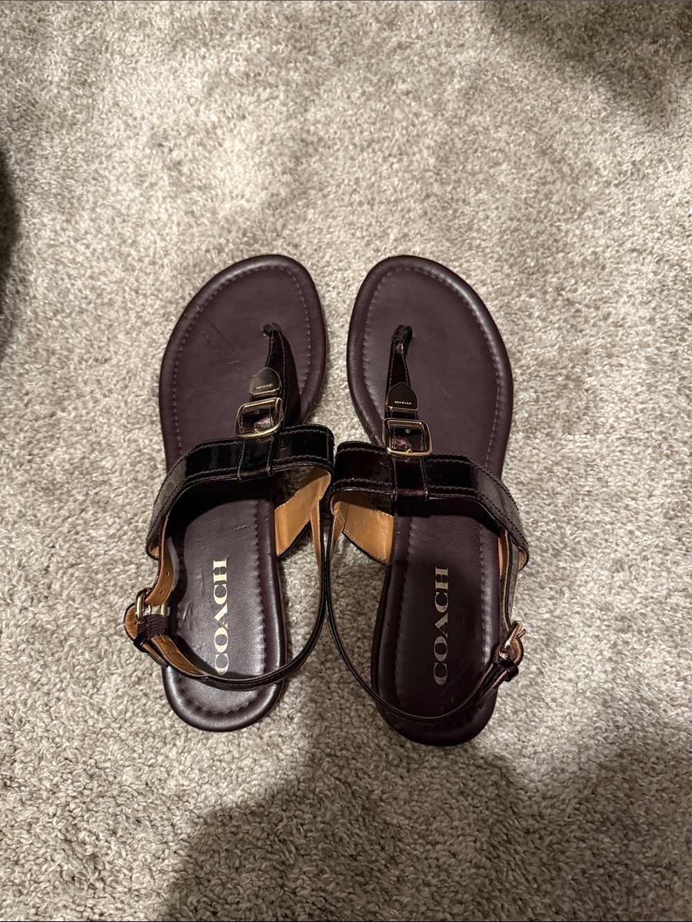 Coach Dark Brown Leather T-Strap Sandals with Gold Buckles